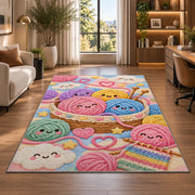 Happy Yarn Balls Nursery Rug in a living room with a desk and large windows