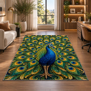 Peacock Feathers Rug in a living room with a desk and large windows