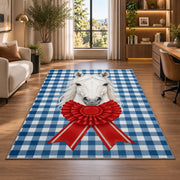 Gingham Horse and Rosette Rug in a living room with a desk and large windows