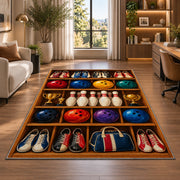 Bowling Gear Shelf Rug in a living room with a desk and large windows