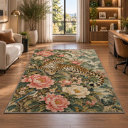 Chinoiserie Leopard and Peony Rug in a living room with a desk and large windows