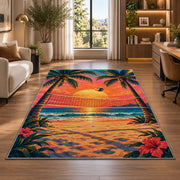 Volleyball Net Between Palms Rug in a living room with a desk and large windows