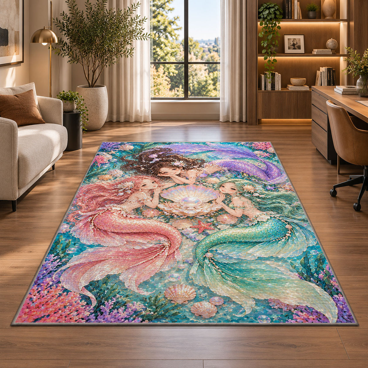 Three Mermaids and Shell Rug in a living room with a desk and large windows