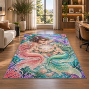 Three Mermaids and Shell Rug in a living room with a desk and large windows