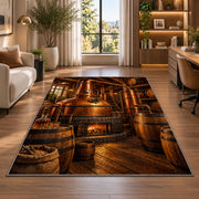 Copper Still Distillery Rug in a living room with a desk and large windows