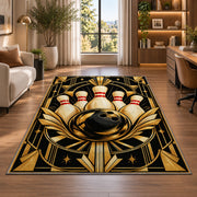 Art Deco Bowling Rug in a living room with a desk and large windows