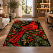 Cardinal on Black Rug in a living room with a desk and large windows