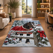 Horse in Winter Snow Rug in a living room with a desk and large windows