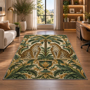 Twin Leopards and Palm Rug in a living room with a desk and large windows