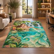 Tropical Lagoon Mermaid Rug in a living room with a desk and large windows