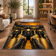 Three Riders Headlights Rug in a living room with a desk and large windows