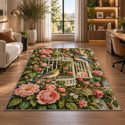 Vintage Birdcage and Roses Rug in a living room with a desk and large windows