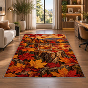 Whiskey and Maple Leaves Rug in a living room with a desk and large windows