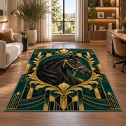 Art Deco Horse Rug in a living room with a desk and large windows