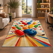 Colorful Falling Pins Rug in a living room with a desk and large windows