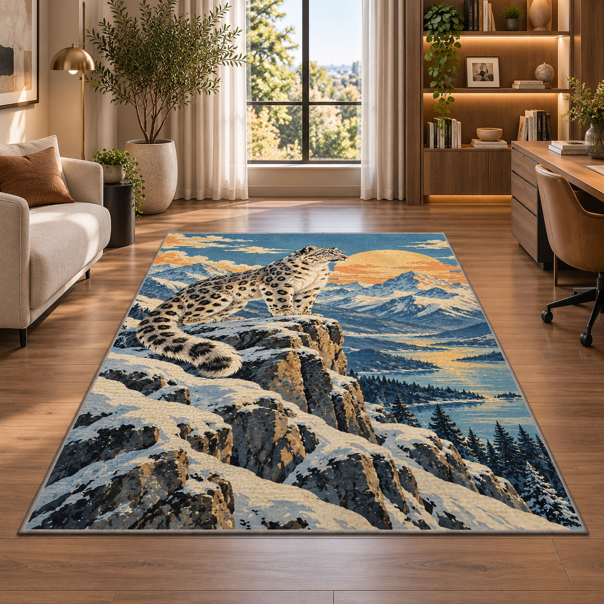 Retro Snow Leopard Poster Rug in a living room with a desk and large windows