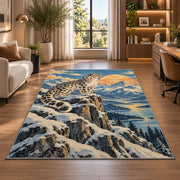 Retro Snow Leopard Poster Rug in a living room with a desk and large windows