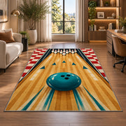 Bowling Lane and Checkers Rug in a living room with a desk and large windows