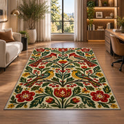 Folk Art Birds Rug in a living room with a desk and large windows