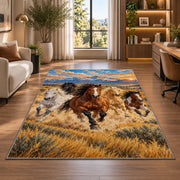 Wild Horses Galloping Rug in a living room with a desk and large windows