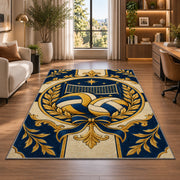 Classic Volleyball Crest Rug in a living room with a desk and large windows