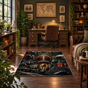 football gear championship collage area rug displayed in a home office