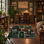 green gridiron jersey design area rug displayed in a home office