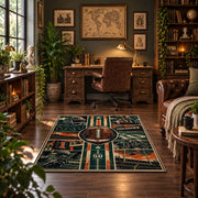 vintage football grid collage area rug displayed in a home office