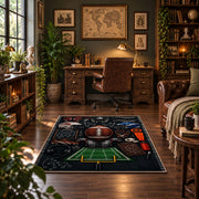 football equipment playbook collage area rug displayed in a home office