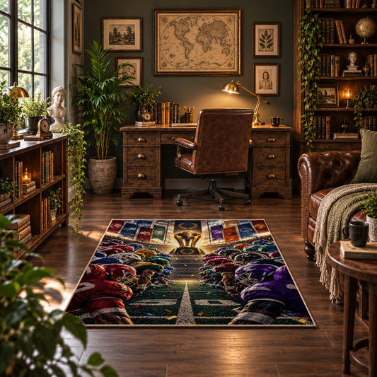 football rivalry helmet lineup area rug displayed in a home office