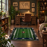 classic football field design area rug displayed in a home office