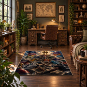football championship battle scene area rug displayed in a home office