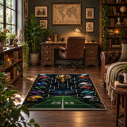 football playoff bracket design area rug displayed in a home office