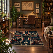 vintage football field collage area rug displayed in a home office