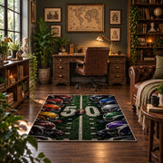 football helmet sideline design area rug displayed in a home office