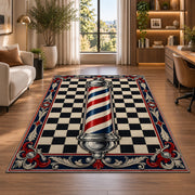 classic barber pole checkered rug in a living room with a desk and large windows