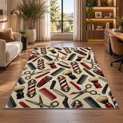 barber tools pattern rug in a living room with a desk and large windows