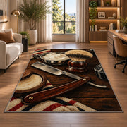 straight razor and shaving brush rug in a living room with a desk and large windows