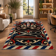 mustache and scissors barber rug in a living room with a desk and large windows
