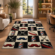 checkered barbershop icons rug in a living room with a desk and large windows