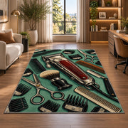 vintage hair clipper rug in a living room with a desk and large windows