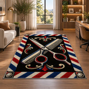 crossed scissors and comb rug in a living room with a desk and large windows