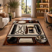 barber tools flat lay rug in a living room with a desk and large windows