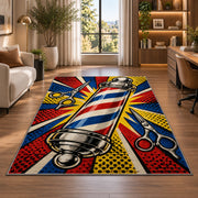 pop art barber pole rug in a living room with a desk and large windows