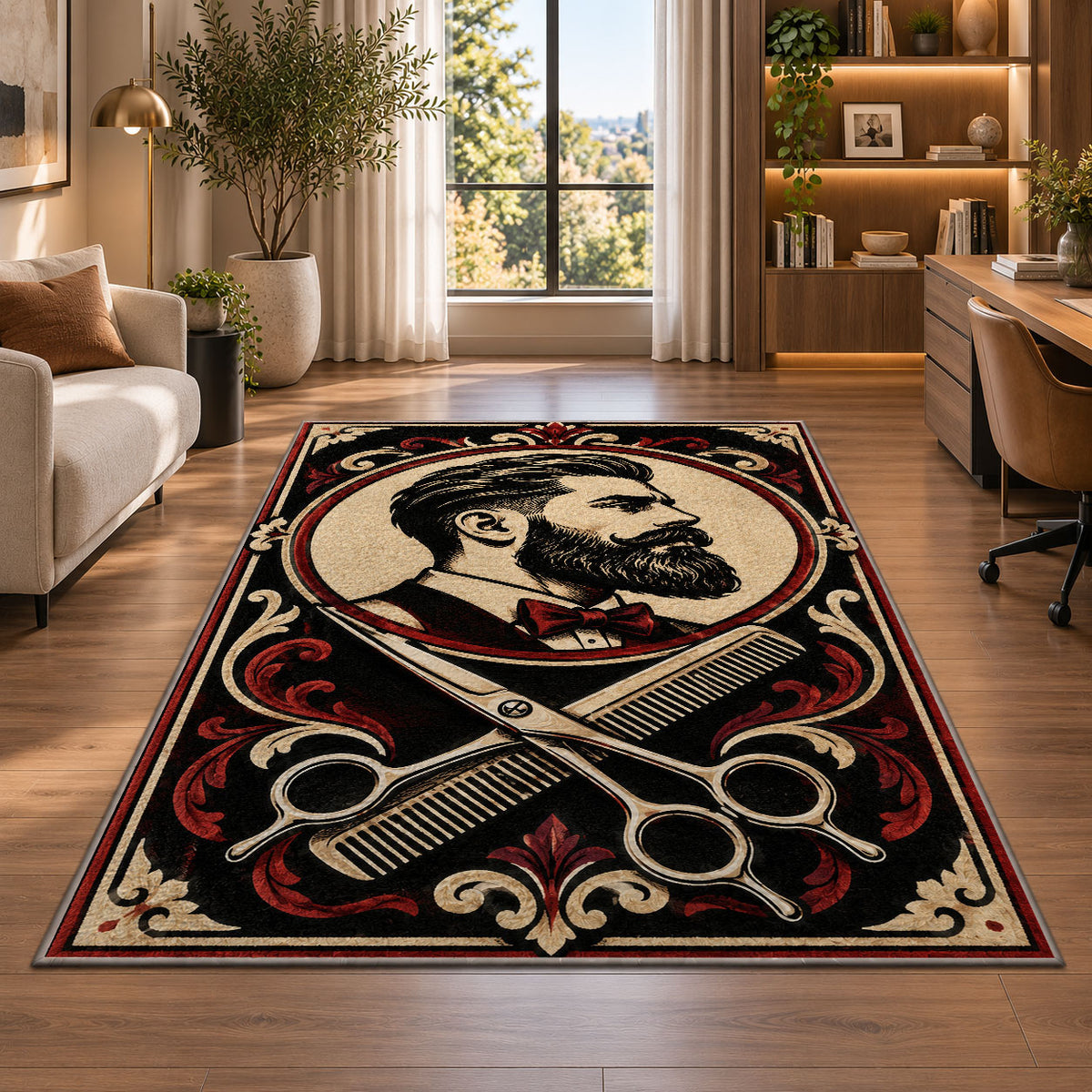 bearded gentleman barber rug in a living room with a desk and large windows