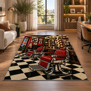 barbershop interior rug in a living room with a desk and large windows