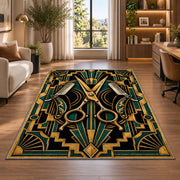 art deco barber rug in a living room with a desk and large windows