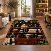 vintage shaving shelf rug in a living room with a desk and large windows