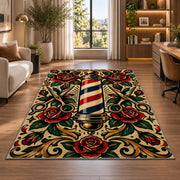 tattoo style barber pole rug in a living room with a desk and large windows
