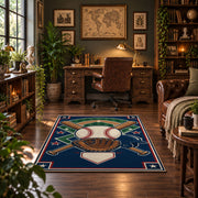 patriotic baseball gear area rug displayed in a home office
